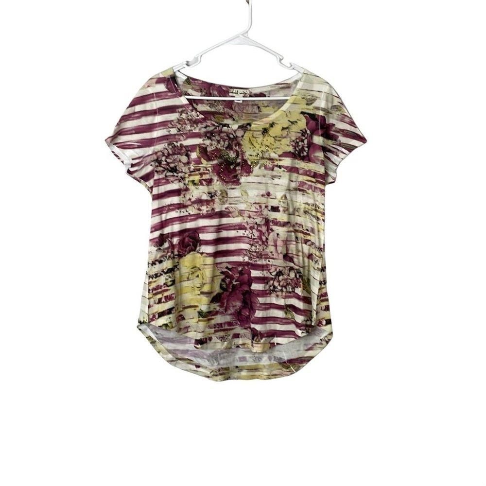 World Unity Womens Multicolor Floral Embellished Short Sleeve Blouse Top Size L